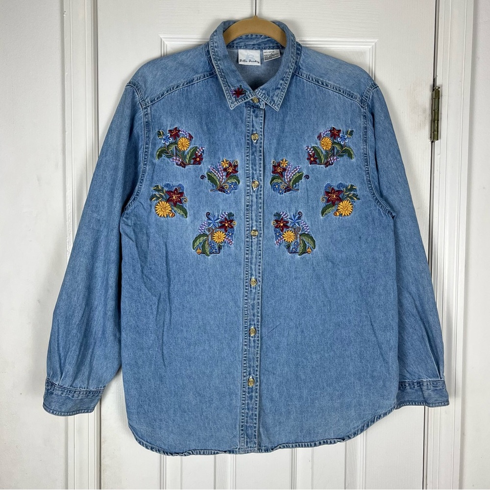 Vintage Bobbie Brooks Embroidered Denim Shirt Sz L Button Up Cottagecore 90’s